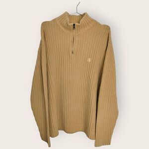 Aigle Mens‎ Sweater Sz XL Tan Long Sleeves 1/3 Zip Ribbed Knit Preppy Earthy